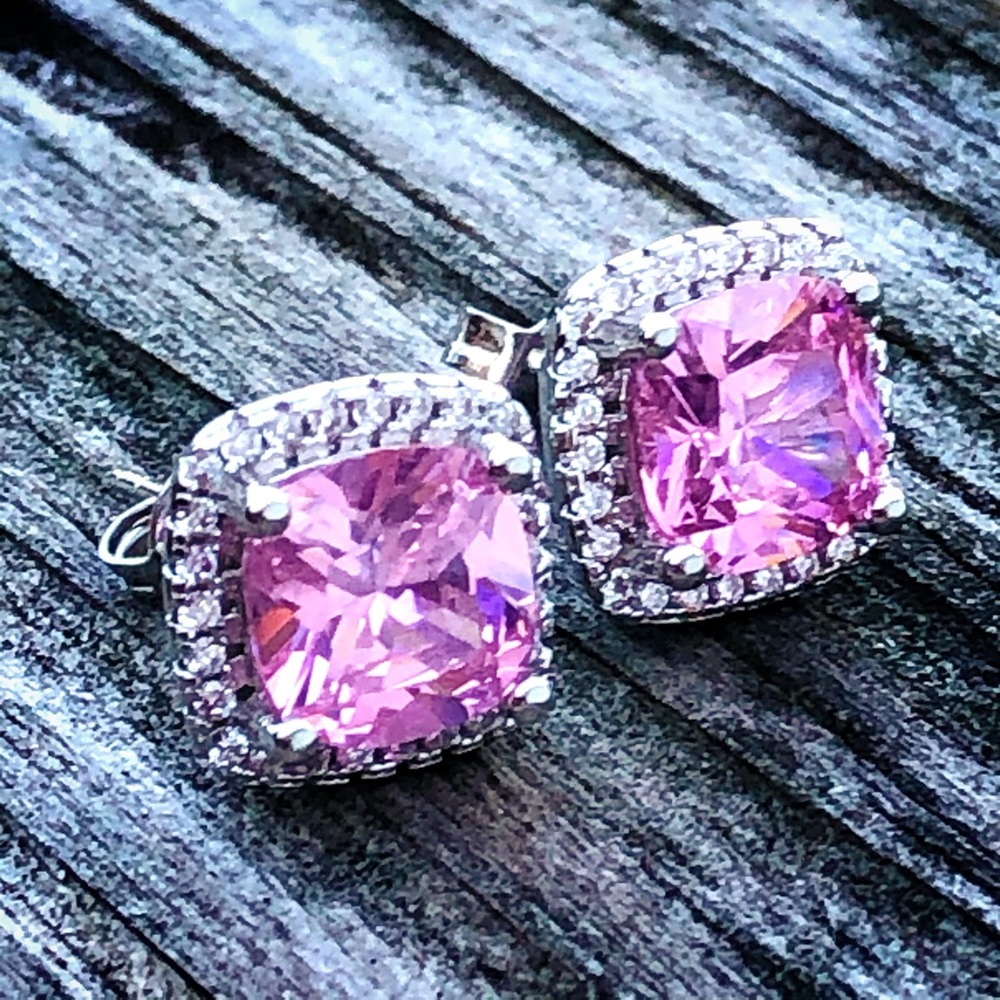 Sterling Silver Cushion Cut Pink Sapphire Zircon Diamond Halo Stud Post Earrings